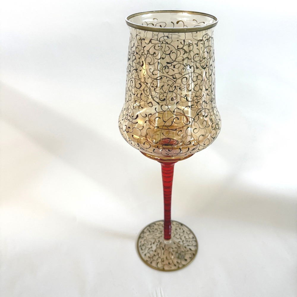 VINTAGE Pier 1 Jubilee Hand Blown Glass Hurricane Candle Holder Romania 14"
